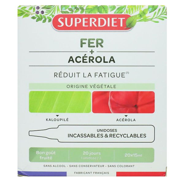 Fer + acérola Réduit la fatigue bon goût fruité 10 ampoules x15ml