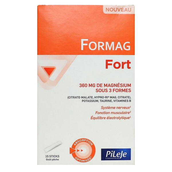 Formag Fort 360mg magnésium sous 3 formes goût pêche 15 sticks