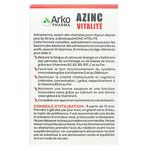 Azinc Vitalité vitamines minéraux oligo-éléments 74 gélules